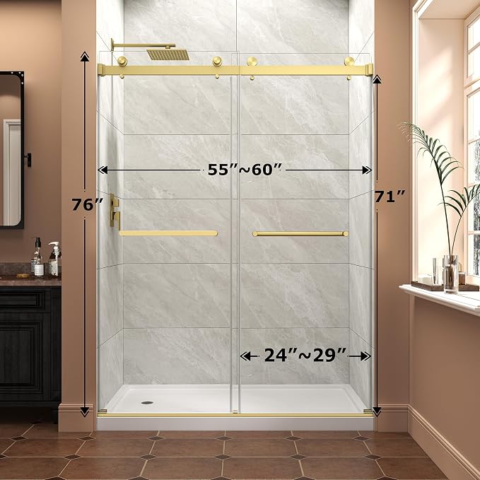 Frameless Shower Door,55-60" W x 76" H Sliding Glass Shower Door,5/16"(8mm) Thick Tempered Clear Glass with Explosion-Proof Film Nano Coating,Waterproof Strip,Brushed Gold