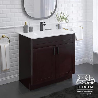 36" Espresso Shaker Bathroom Vanity Base – Ready-to-Assemble Sink Cabinet, Freestanding Bathroom Vanity Base Only, No Top or Sink