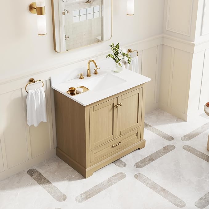 WELLFOR 36" Bathroom Vanity with Sink, Bathroom Freestanding Vanity W/ 2 Soft-Close Doors and 1 Soft-Close Drawers, Bathroom Cabinet Vanity with Cultured Marble Countertop (Oak)