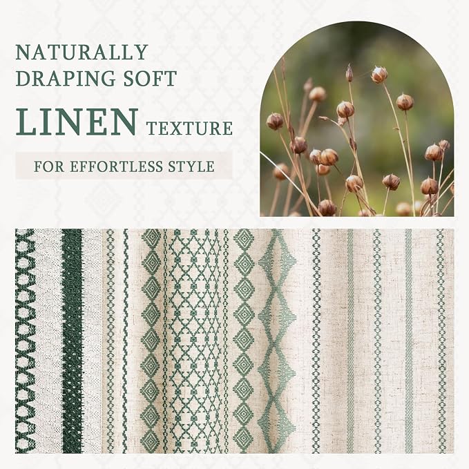 Dark Green Boho Shower Curtain for Bathroom, Linen Striped Print and Twine-Inspired Woven Center,72" W x 72" L