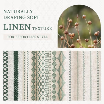 Dark Green Boho Shower Curtain for Bathroom, Linen Striped Print and Twine-Inspired Woven Center,72" W x 72" L