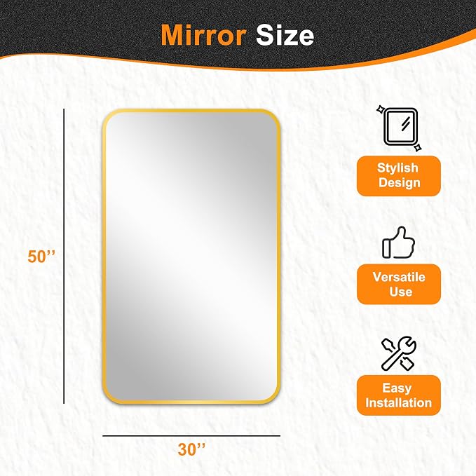 Bathroom Vanity Mirror, Gold Framed Mirror for Over Sink, 50x30 | HD glass, distortion-free for makeup and grooming, Sturdy frame, all mounting hardware, hangs horizontal or vertical