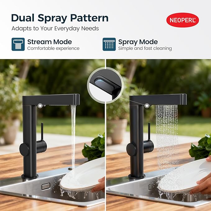Kitchen Faucet with Pull Down Sprayer,Stainless Steel Waterfall Single Handle Kitchen Faucet with 360° Swivel Sprayer and EPDM Inlet Hose,Matte Grey
