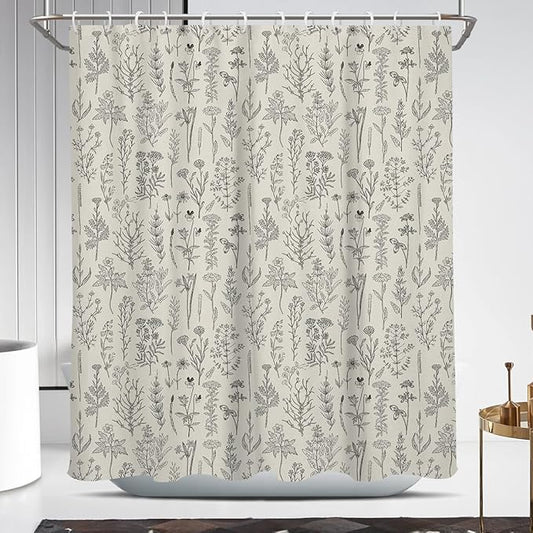 Coxila Vintage Floral Shower Curtain Beige Cream Retro Flower Farmhouse Spring Rustic Country Ivory Botanical Plant Nature Cottagecore Boho Cute Bathroom 60 x 72 Inch Polyester Fabric 12 Pack Hooks