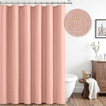 ANRODUO Blush Pink Linen Textured Fabric Shower Curtain Set - W72xL84 | Farmhouse Shower Curtain with 12 Metal Hooks, Waterproof Heavy Duty, Button Hole Design, Machine Washable for Bathroom