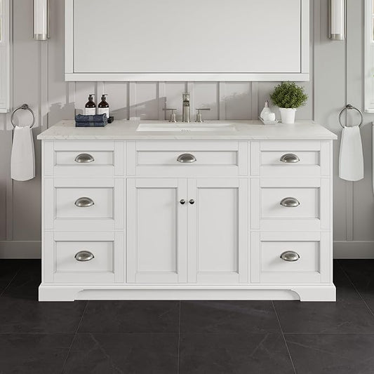 Eviva Epic 60 in. SS White Bathroom Vanity with White Carrara Quartz Countertop