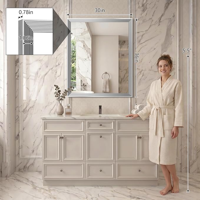 DESBING 30"x36" Silver Bathroom Mirrors for Over Sink | Tempered Glass, Metal Frame, Rectangle Vanity Wall Mirror for Bathroom, Living Room, Bedroom, Horizontally or Vertically
