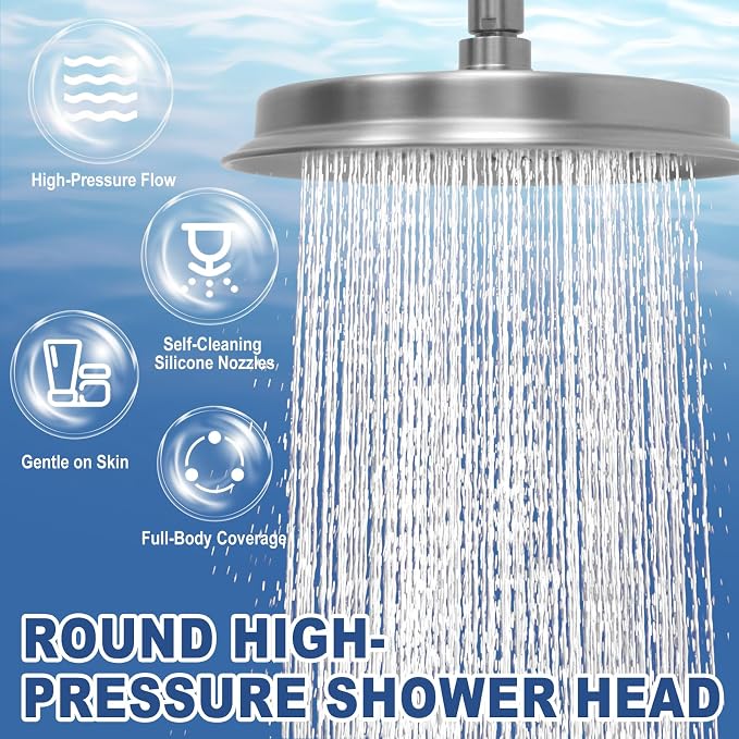 Brushed Nickel Rain Shower Head, 9" Round Rainfall Waterfall Overhead Showerhead High Pressure Vintage Shower Heads with Silicone Nozzle for Bathroom Shower