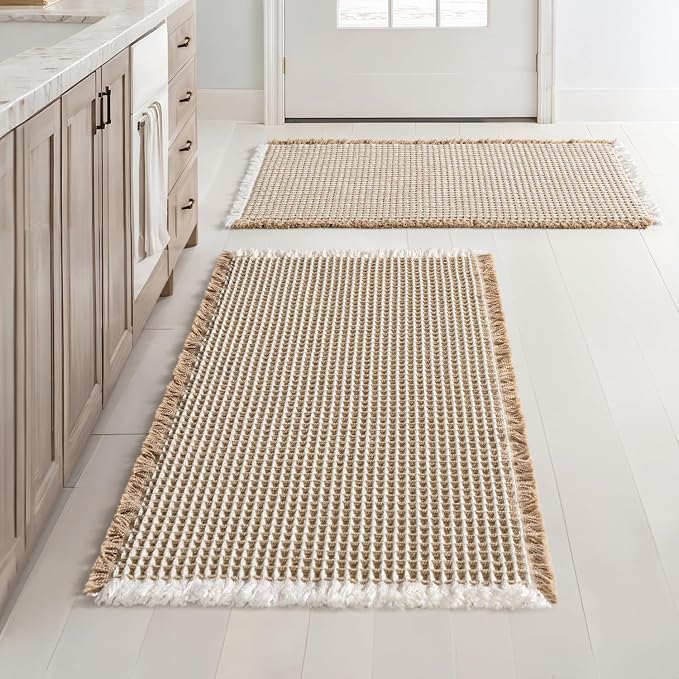 MIULEE Set of 2 Waffle Bathroom Rugs Boho Bath Mat Brown&White 18x30 Inch | Non Slip, Super Absorbent, Washable, Ultra Soft, Rubber Backed, Beige Bath Rugs for Bathroom Floor Tub Shower