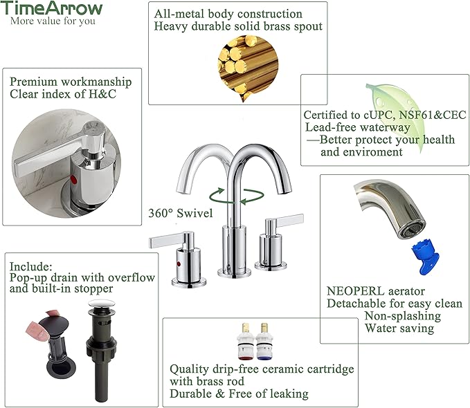 Chrome 2 Handle Widespread Bathroom Sink Faucet 3 Holes with Pop-Up Drain, High Arc Modern 8 Inch Bathroom Vanity Lavatory Faucet with Brass 360° Swivel Spout, TAF830C-CP