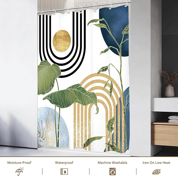 Glawry Navy Blue Boho Shower Curtain Small Stall Abstract Mid Century Light Blue Tropical Palm Sun Plant Minimalist Bathroom Modern 48Wx72L Inches Bath Accessories Art Home Decor Fabric 8 Pack Hook