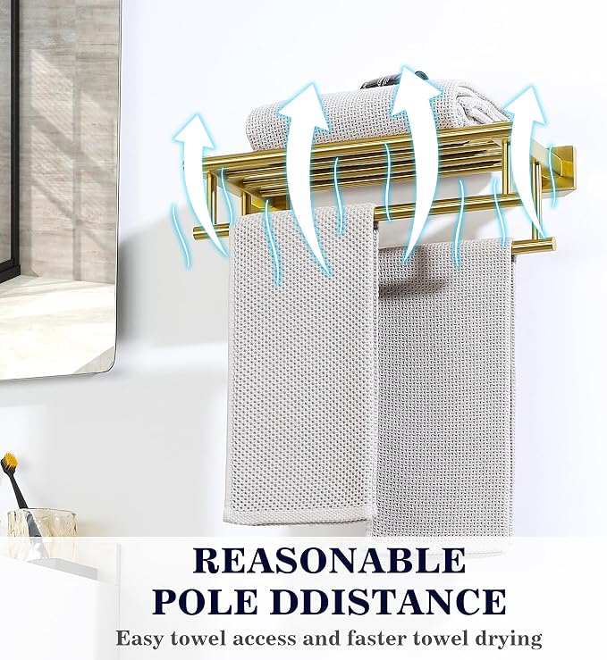 Alise Double Towel Rack for Bathroom Wall Mounted 20 Inch,Brushed Gold | SUS304 Stainless Steel Towel Rack with Shelf,Bathroom Tower Holder Towel Shelf with Double Towel Bars for Bath Kitchen