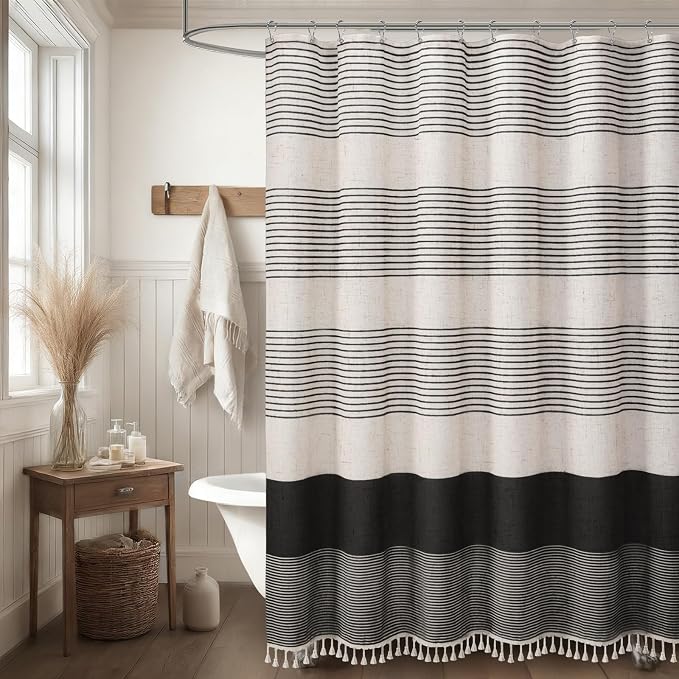 Black Boho Linen Striped Shower Curtain with Tassel 72" W X 72" L | Boho Farmhouse Shower Curtains with Linen Texture for Bathroom Decor