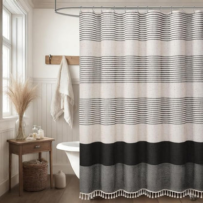Black Boho Linen Striped Shower Curtain with Tassel 72" W X 72" L | Boho Farmhouse Shower Curtains with Linen Texture for Bathroom Decor