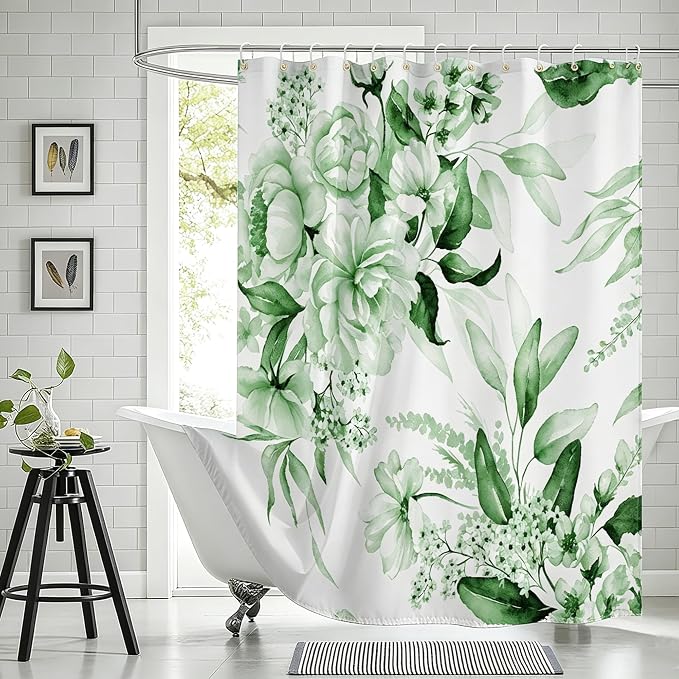 Floral Flower Green Shower Curtain with 12 Hooks,120GSM 72x72 | CHIC BATH DECOR: Features watercolor abstract design; waterproof green shower curtain set with 12 plastic hooks