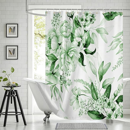 Floral Flower Green Shower Curtain with 12 Hooks,120GSM 72x72 | CHIC BATH DECOR: Features watercolor abstract design; waterproof green shower curtain set with 12 plastic hooks