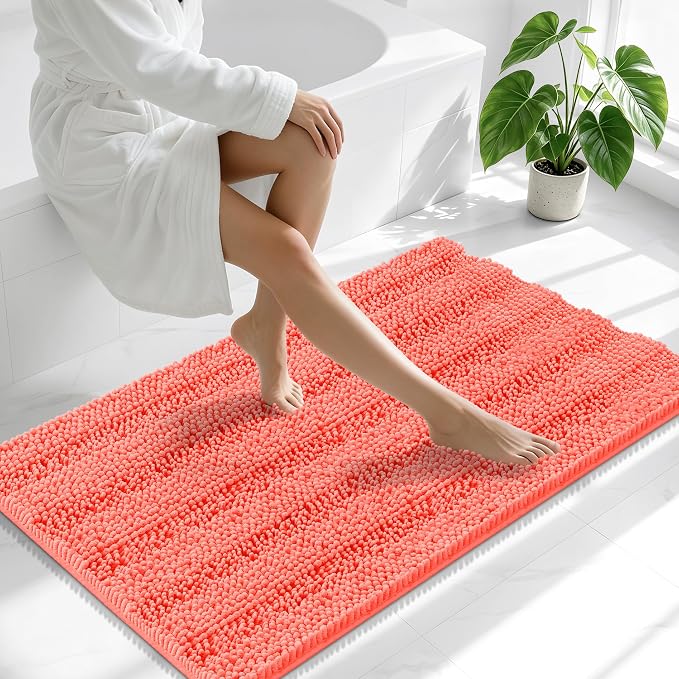 Smiry Thick Chenille Bathroom Runner Rugs 47x17, Absorbent Bath Mat, Coral | Quick‑Dry & Machine Washable, Non‑Slip Bath Carpet, Soft Striped Bath Rugs for Tub & Shower, Modern Home Decor Accessories