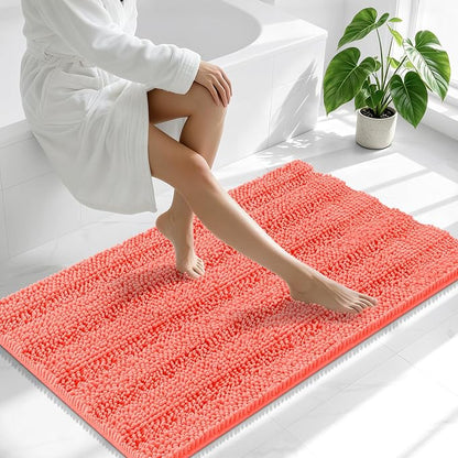 Smiry Thick Chenille Bathroom Runner Rugs 47x17, Absorbent Bath Mat, Coral | Quick‑Dry & Machine Washable, Non‑Slip Bath Carpet, Soft Striped Bath Rugs for Tub & Shower, Modern Home Decor Accessories