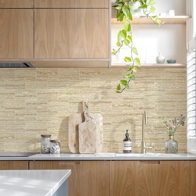 STICKGOO 10-Sheet Backsplash Peel and Stick Subway Tile(Thicker Design, Faux Golden Travertine)