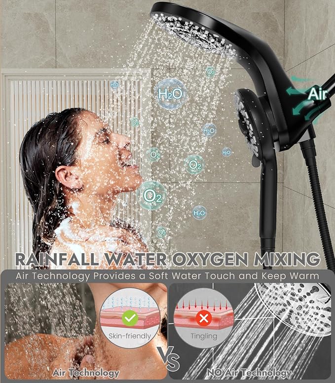 Dual Shower Heads with Handheld Spray Combo, High Pressure 2 in 1 Rainfall Shower Heads with 9 Spray Modes, Magnetic Double Showerhead-Black