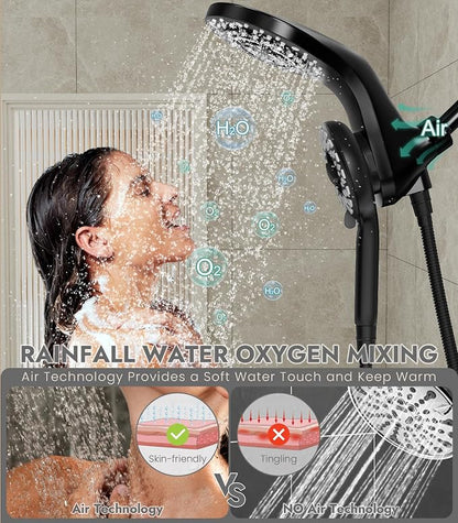 Dual Shower Heads with Handheld Spray Combo, High Pressure 2 in 1 Rainfall Shower Heads with 9 Spray Modes, Magnetic Double Showerhead-Black