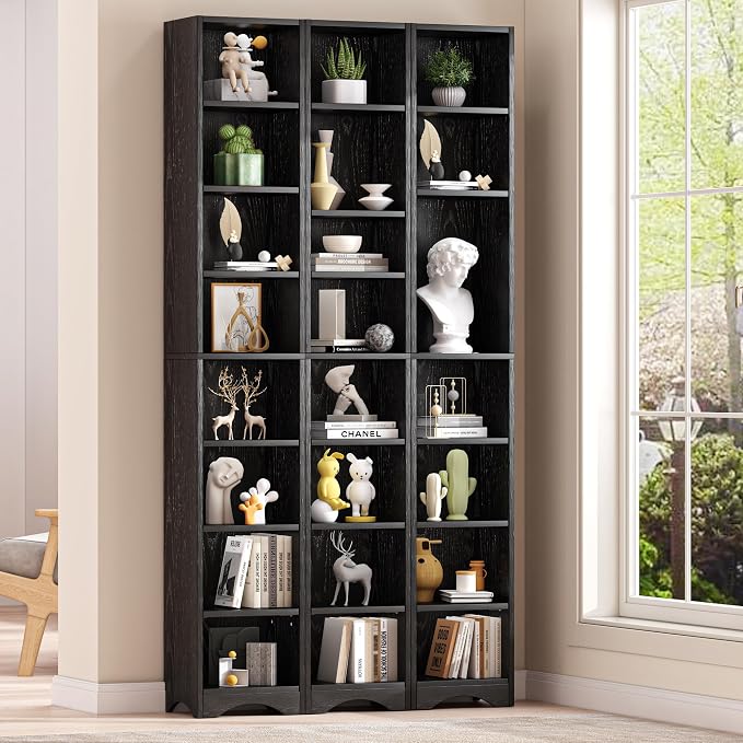 VECELO Tall Open Narrow Bookshelf, 6 Adjustable Movable Shelves, Wood Space Saving Corner Storage Rack for Small Spaces, Sleek Black
