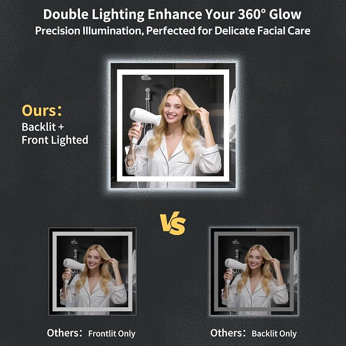 30"x30" LED Bathroom Mirror with Lights, Backlit+Frontlit, Anti-Fog | CRI 95, Stepless Dimmable, 3 Colors Lighting, Shatterproof Tempered Glass, HD Reflection, Memory, (Horizontal/Vertical)