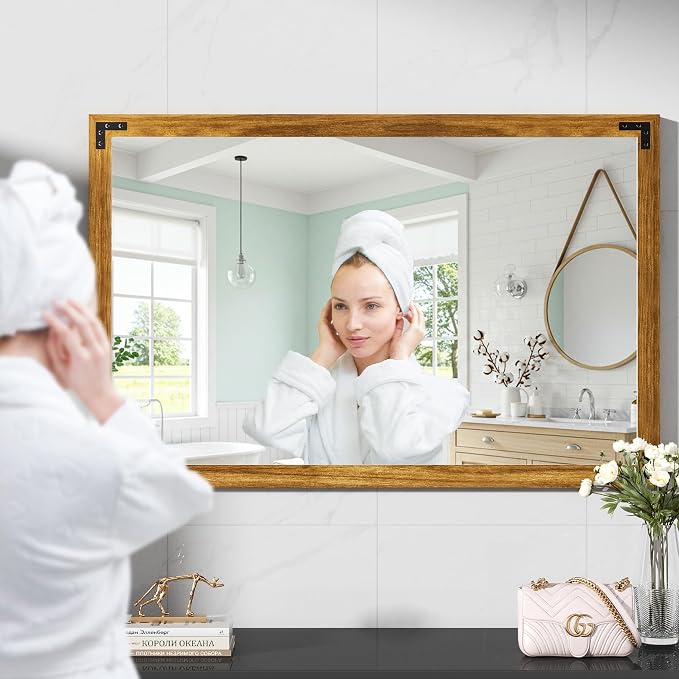 Hasipu Farmhouse Bathroom Mirror, 40"x26" Rustic Wood Framed Wall Mounted Mirror, Walnut Vintage Vanity Mirror Modern Farmhouse Style Decrative Mirrors