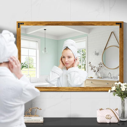 Hasipu Farmhouse Bathroom Mirror, 40"x26" Rustic Wood Framed Wall Mounted Mirror, Walnut Vintage Vanity Mirror Modern Farmhouse Style Decrative Mirrors