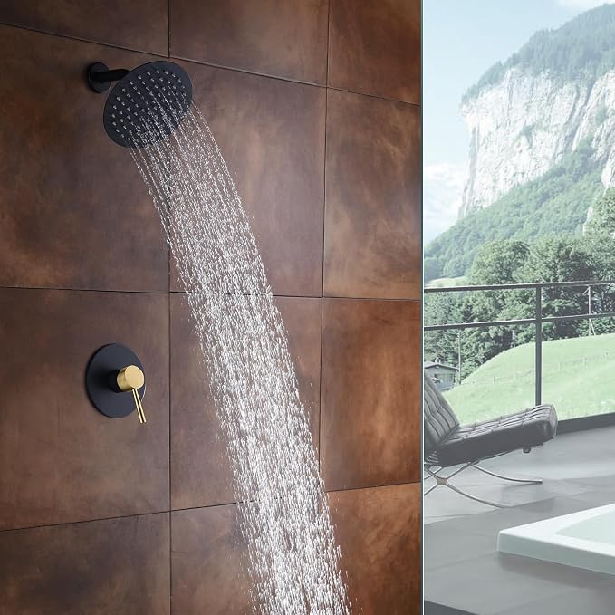 SUMERAIN Shower Faucet Set Black and Gold, 8" Stainless Steel Rain Shower | Single-Function, Single Handle, With Brass Rough-in Valve, Modern Design