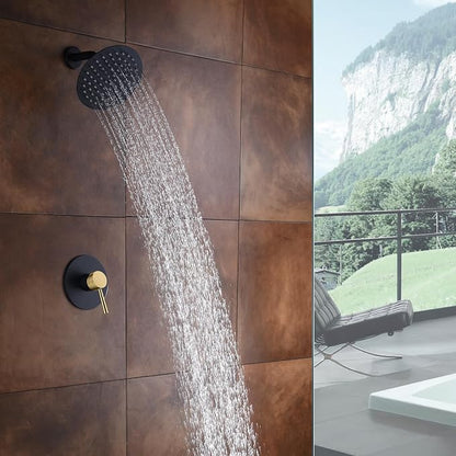 SUMERAIN Shower Faucet Set Black and Gold, 8" Stainless Steel Rain Shower | Single-Function, Single Handle, With Brass Rough-in Valve, Modern Design
