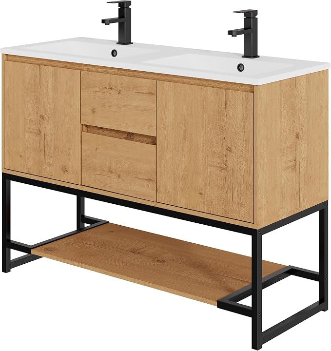 LUCKWIND 48" Modern Bathroom Vanity with Dual White Sink Combo, Freestanding Storage Cabinet with Metal Frame, Matte Black Faucet and Open Shelf and 2 Soft-Closing Door, Natural