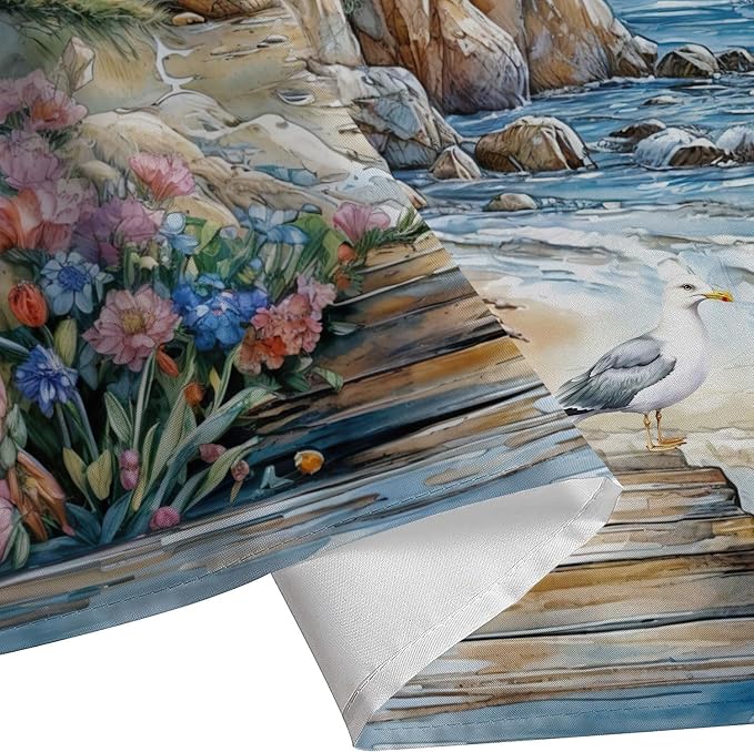 Nautical Coastal Lighthouse Shower Curtain, Boho Ocean Beach Lighthouse Seascape Beachy Abstract Shower Curtain Set, Seasides Sailboat Seagull Fabric Shower Curtain for Bathroom 12 Hooks, 72"×78" Blue