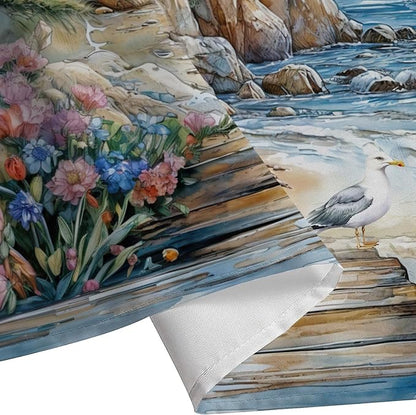 Nautical Coastal Lighthouse Shower Curtain, Boho Ocean Beach Lighthouse Seascape Beachy Abstract Shower Curtain Set, Seasides Sailboat Seagull Fabric Shower Curtain for Bathroom 12 Hooks, 72"×78" Blue