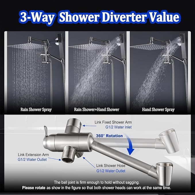 All Metal Rain Shower Head with Handheld Combo, YDmeet 10" Rainfall Shower Head, Stainless Steel Hand Wand, 3 Setting Diverter, Adjustable Extension Arm w/Lock Joints, Extra Long Hose, Brushed Nickel