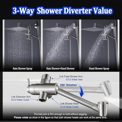 All Metal Rain Shower Head with Handheld Combo, YDmeet 10" Rainfall Shower Head, Stainless Steel Hand Wand, 3 Setting Diverter, Adjustable Extension Arm w/Lock Joints, Extra Long Hose, Brushed Nickel