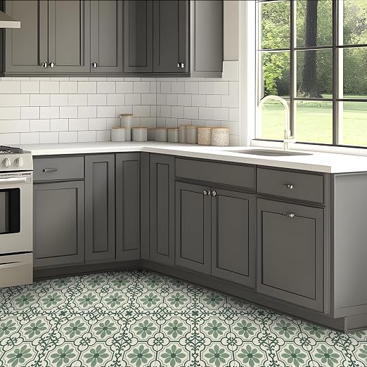 Green Vintage Floral Peel and Stick Floor Tiles 12x12 Inch 10PCS | Green and cream vintage floral scroll pattern vinyl floor stickers for kitchen bathroom entryway and indoor home decor