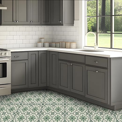 Green Vintage Floral Peel and Stick Floor Tiles 12x12 Inch 10PCS | Green and cream vintage floral scroll pattern vinyl floor stickers for kitchen bathroom entryway and indoor home decor