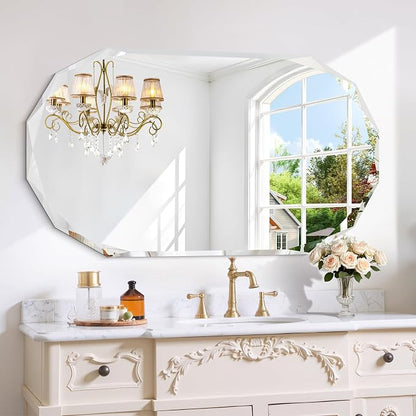 GLASHOM Frameless Oval Bathroom Mirror, 48x28 Inch Vanity Mirror for Over Sink with Beveled Edge, Decorative Wall Mirror for Bedroom, Living Room and Entryway, Hangs Horizontally or Vertically