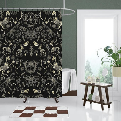 Black Gothic Witchy Skeleton Creature Shower Curtain Set 72x78 Inches | Black Gothic Witchy Skeleton Creature Print, Spooky Dark Folk Housewarming Gothic Lover Guest Bathroom Decor, With Hooks