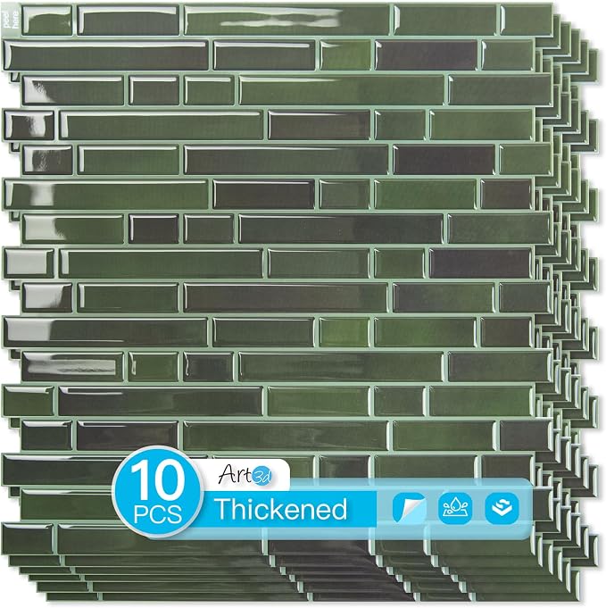 Art3d Linear Design Tile Peel and Stick Backsplash, 10-Sheet, Dark Green | 12 x 12 Inch, Enhanced Thickness, Warp Resistant, Strong Adhesion, Sturdy, for Kitchen, Bedroom, Ideal for Home Improvement