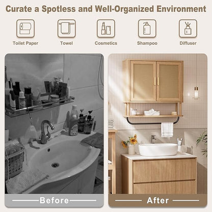 Rattan Bathroom Wall Cabinet with Towel Bar, Wall-Mounted Medicine Cabinet with Adjustable Wood Shelf & Doors, Over The Toilet Storage Cabinet for Laundry Room & Kitchen & Living Room
