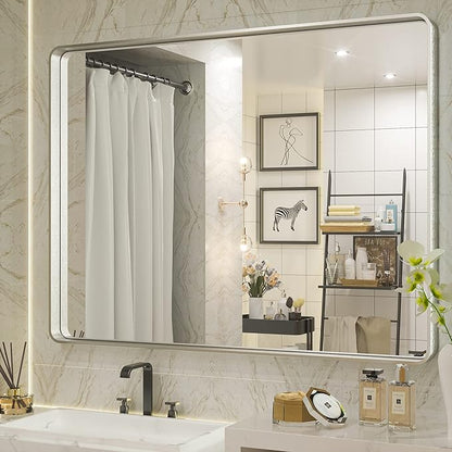 TETOTE 40 x 30 Inch Bathroom Mirror, Silver Framed Wall Mounted Brushed Silver Metal Rectangle Modern Vanity Mirror (Horizontal/Vertical)