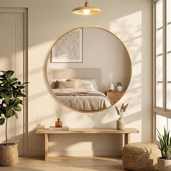 OLIXIS Circle Mirror 30 Inch, Bathroom Round Wall Mirror for Over Sink | Tempered Glass Shatterproof, Crystal Clear , Home Decor Entryway, Bedroom Vanity, Gold