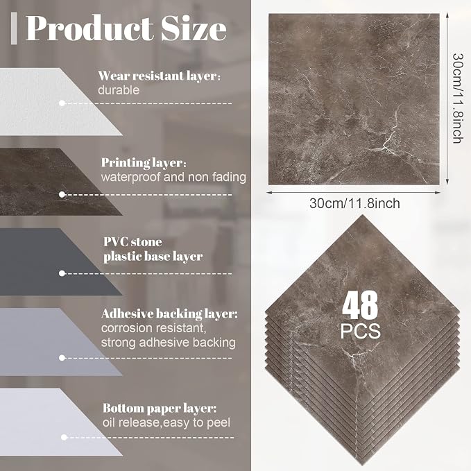Spiareal 48 Pieces Peel and Stick Floor Tiles Vinyl Flooring 12 x 12 Inch Stick on Floor Tile Self Adhesive Waterproof DIY for Bathroom Kitchen Bedroom Living Room(Multicolor Marble)