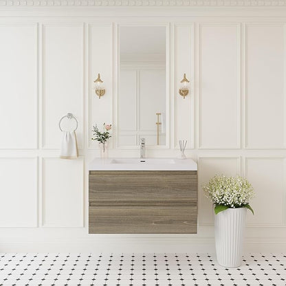 Floating Bathroom Vanity with Sink, 36" Wall-Mounted Bathroom Storage Vanity Cabinet with Resin Top Basin and Soft Close Drawers, No Assembly Required, Ash Grey