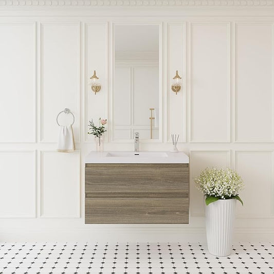 Floating Bathroom Vanity with Sink, 36" Wall-Mounted Bathroom Storage Vanity Cabinet with Resin Top Basin and Soft Close Drawers, No Assembly Required, Ash Grey