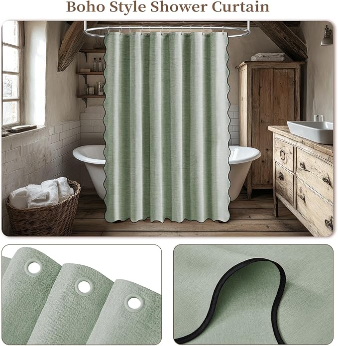 BTTN Long Shower Curtain, 72×80 Boho Scalloped Linen Textured Heavy Duty Fabric Shower Curtain Set with 12 Plastic Hooks, Tall Neutral Country Vintage Waterproof Shower Curtain for Bathtub, Sage Green