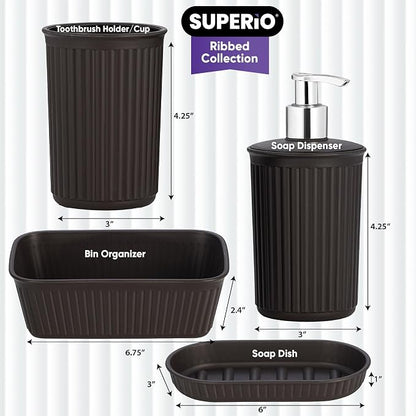 Superio Ribbed Collection - Decorative Plastic Bathroom Accessories Set, Brown (Set of 4) Soap Dish, Liquid Dispenser, Toothbrush Holder Cup, Vanity Organizer Tray Bathroom Countertop Decor Gift