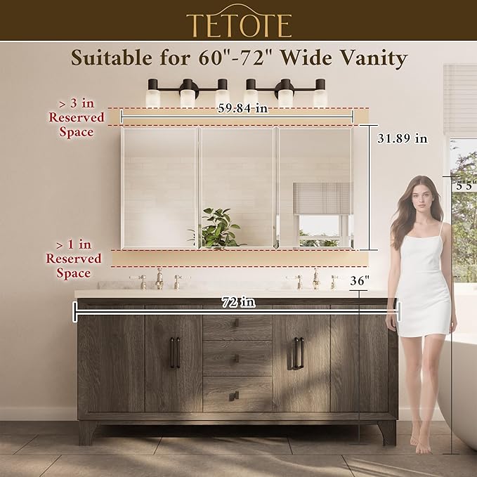 TETOTE 60 x 32 Medicine Cabinet with Tempered Beveled Mirror Silver Aluminum Cabinet DTC Hinges, Stepless Adjustable Shelves, Recessed/Surface-Mounted